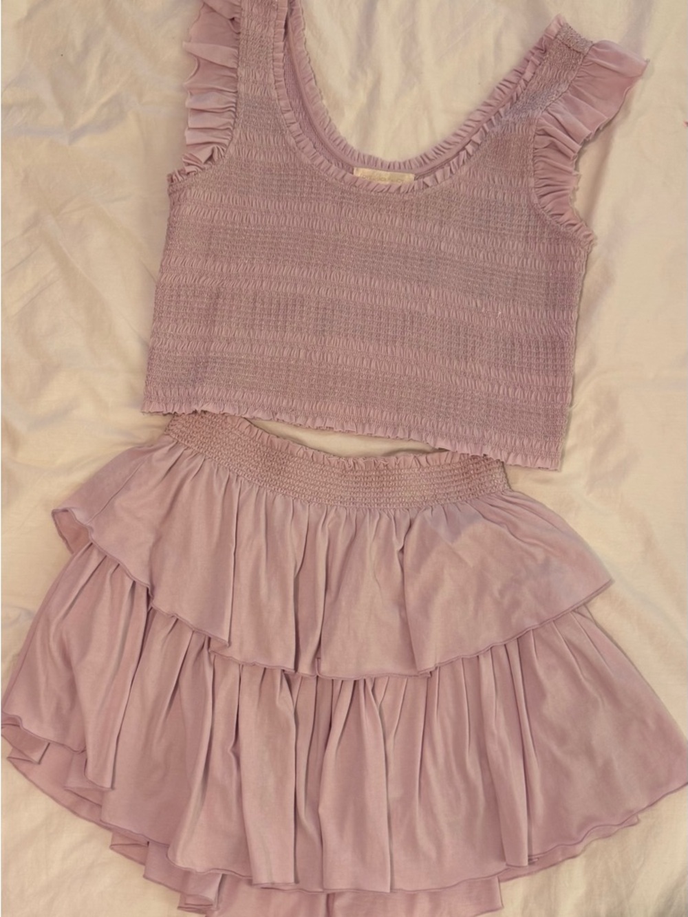 Love Shack Fancy lavender Ruffled Two-Piece Crop Top & Skirt Set